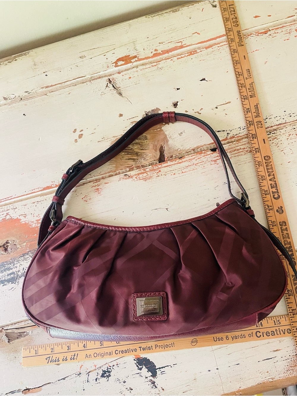 Burberry Burgundy check small crescent shoulder bag